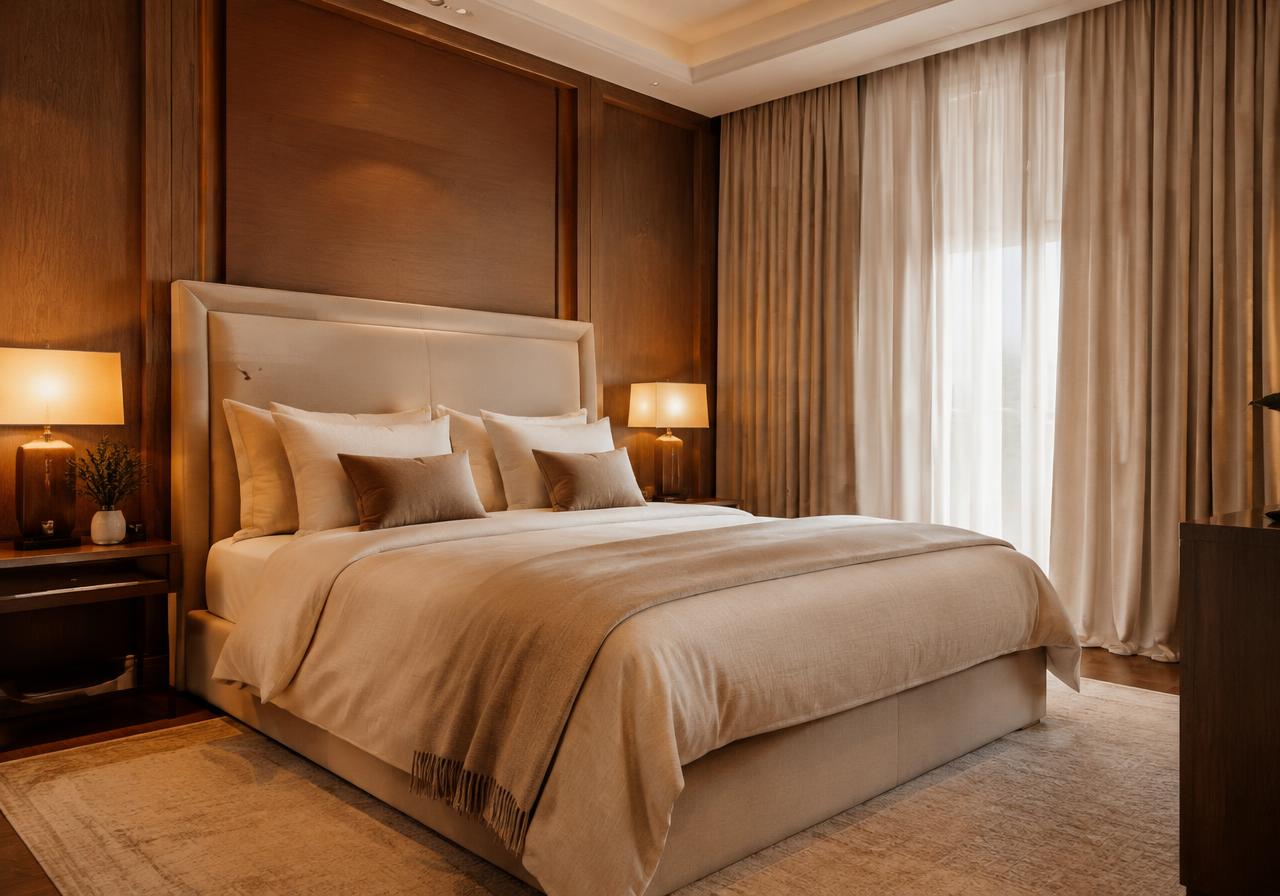 Elegant master bedroom with upholstered headboard and walnut panelling