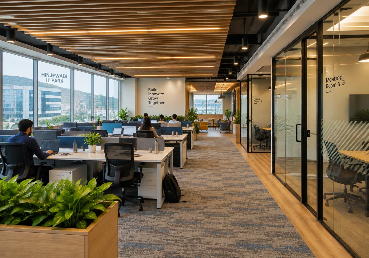 Modern corporate office interior with workstations and glass cabins