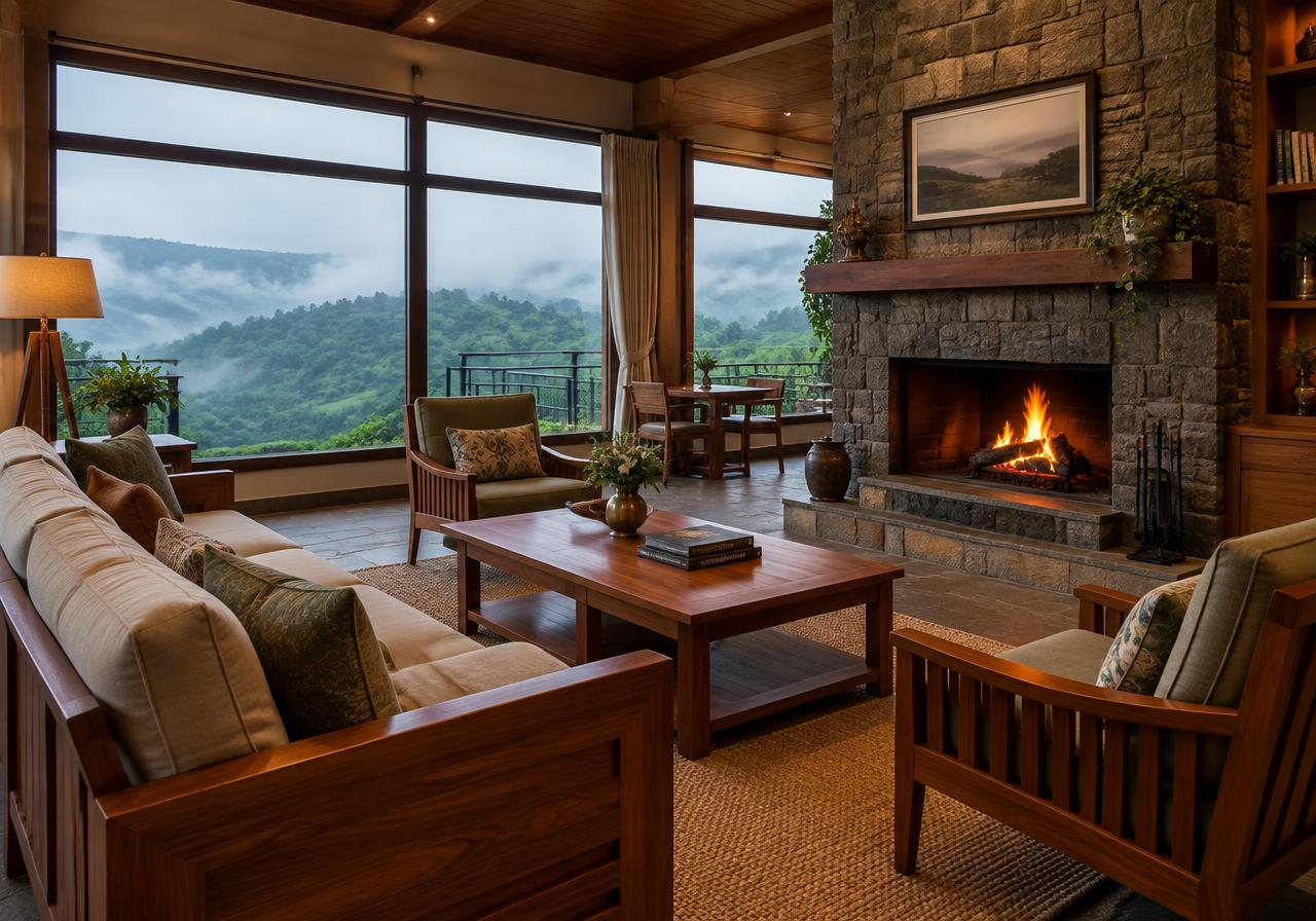 Hill station villa living room with fireplace and misty valley view