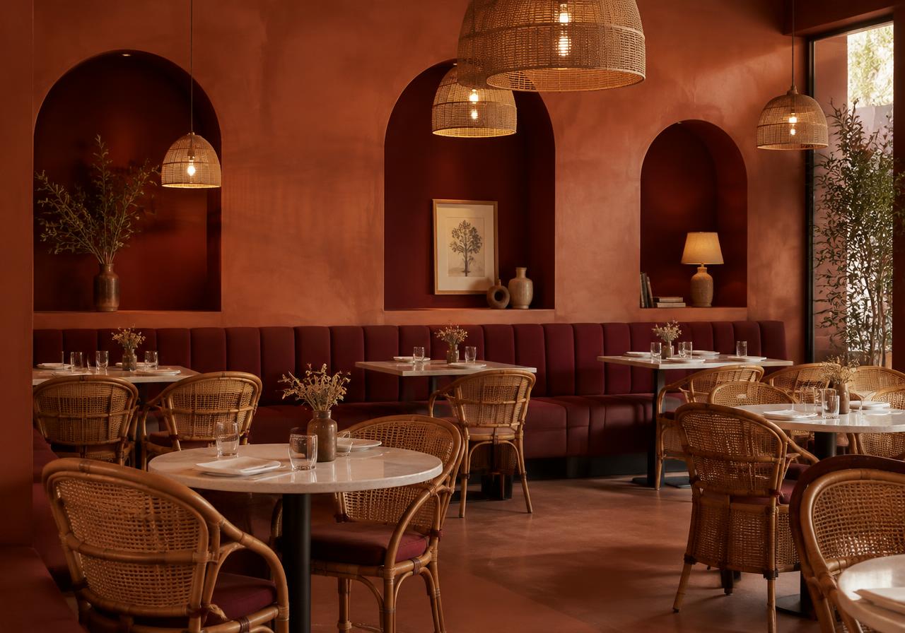Boutique cafe interior with rattan chairs and arched niches