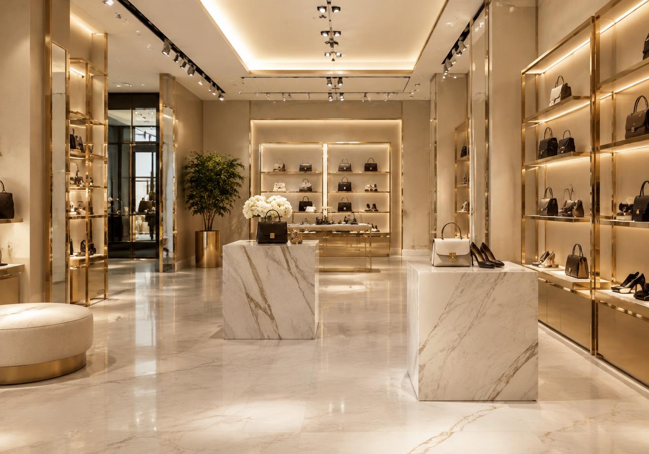 High-end retail showroom with gold display shelves and marble plinths