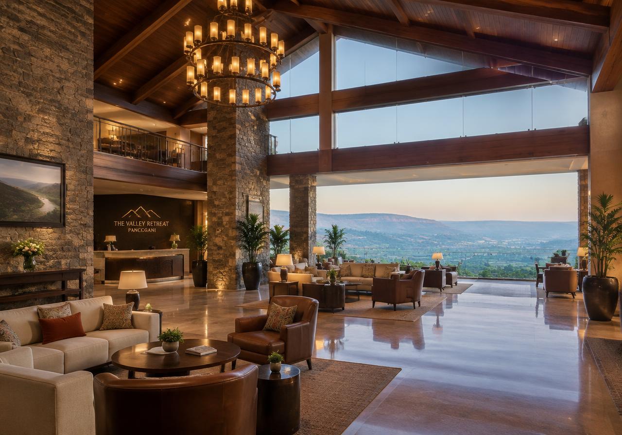 Resort lobby with timber ceiling, stone pillars and valley view