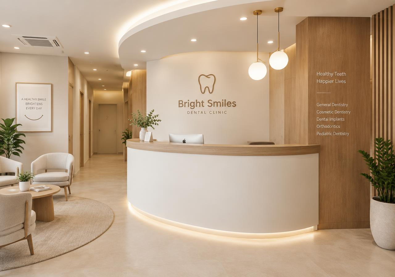 Calm clinic reception with curved desk and wood accents