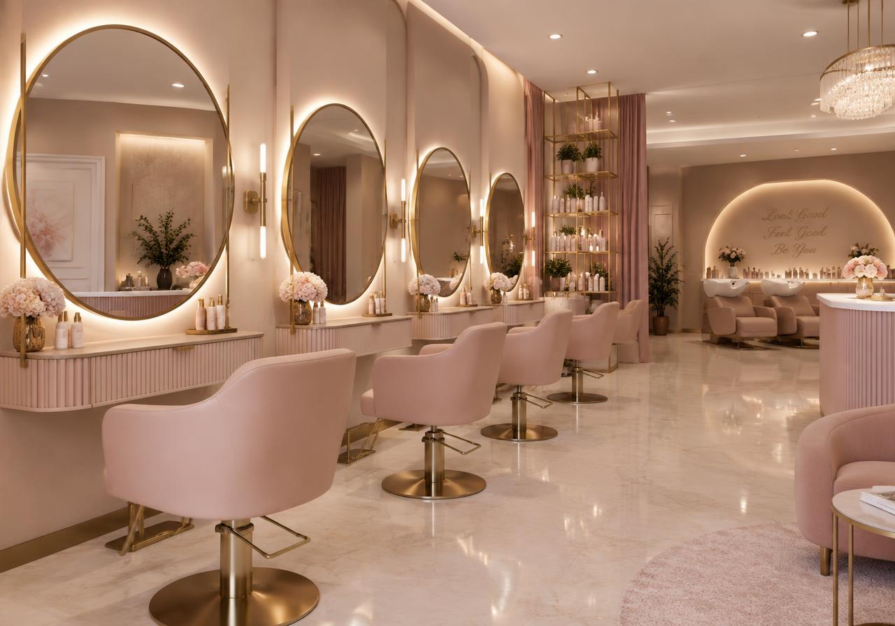 Luxury salon interior with backlit round mirrors
