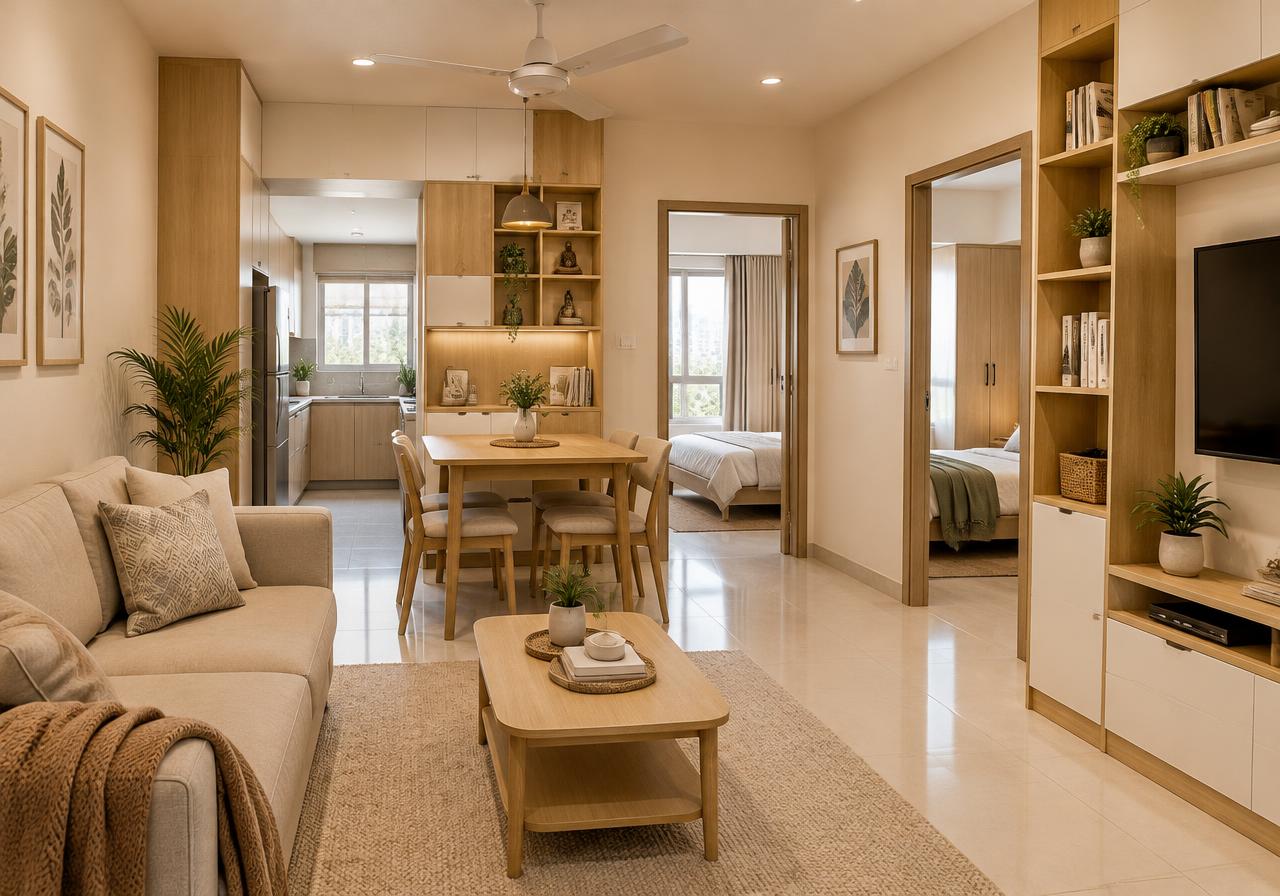 Compact 2BHK apartment with smart storage in light oak