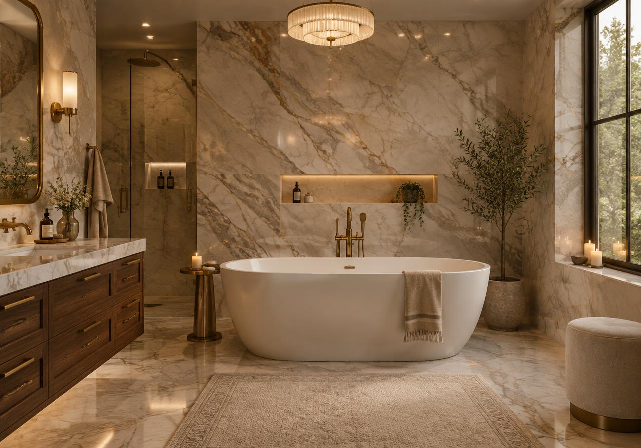 Marble bathroom with freestanding tub and brass fittings