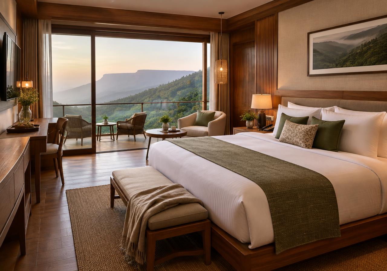 Resort suite bedroom with mountain view in Mahabaleshwar