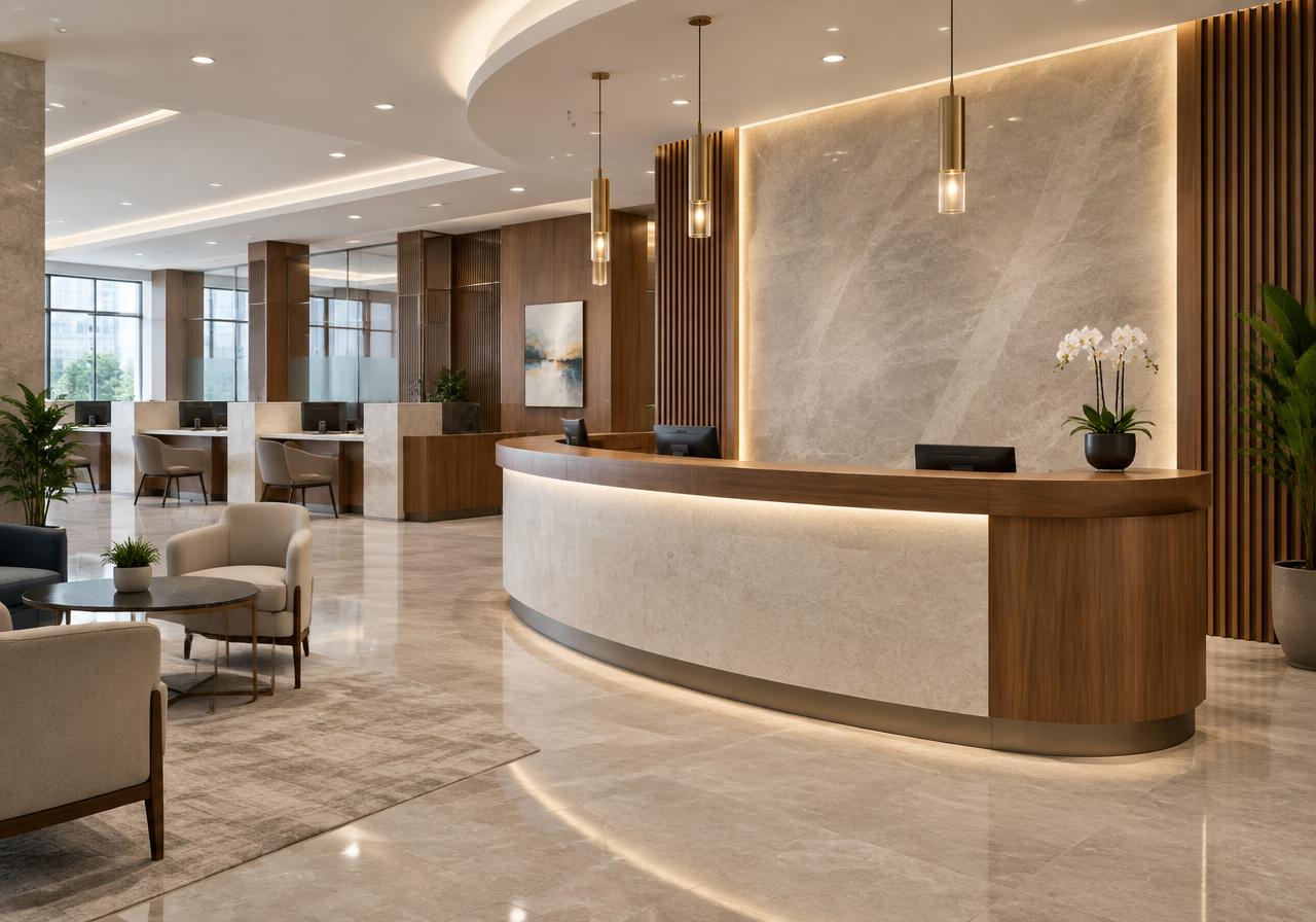 Corporate reception with stone wall and curved wooden desk