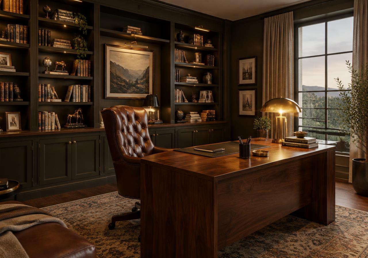Home office with built-in bookshelves and walnut desk