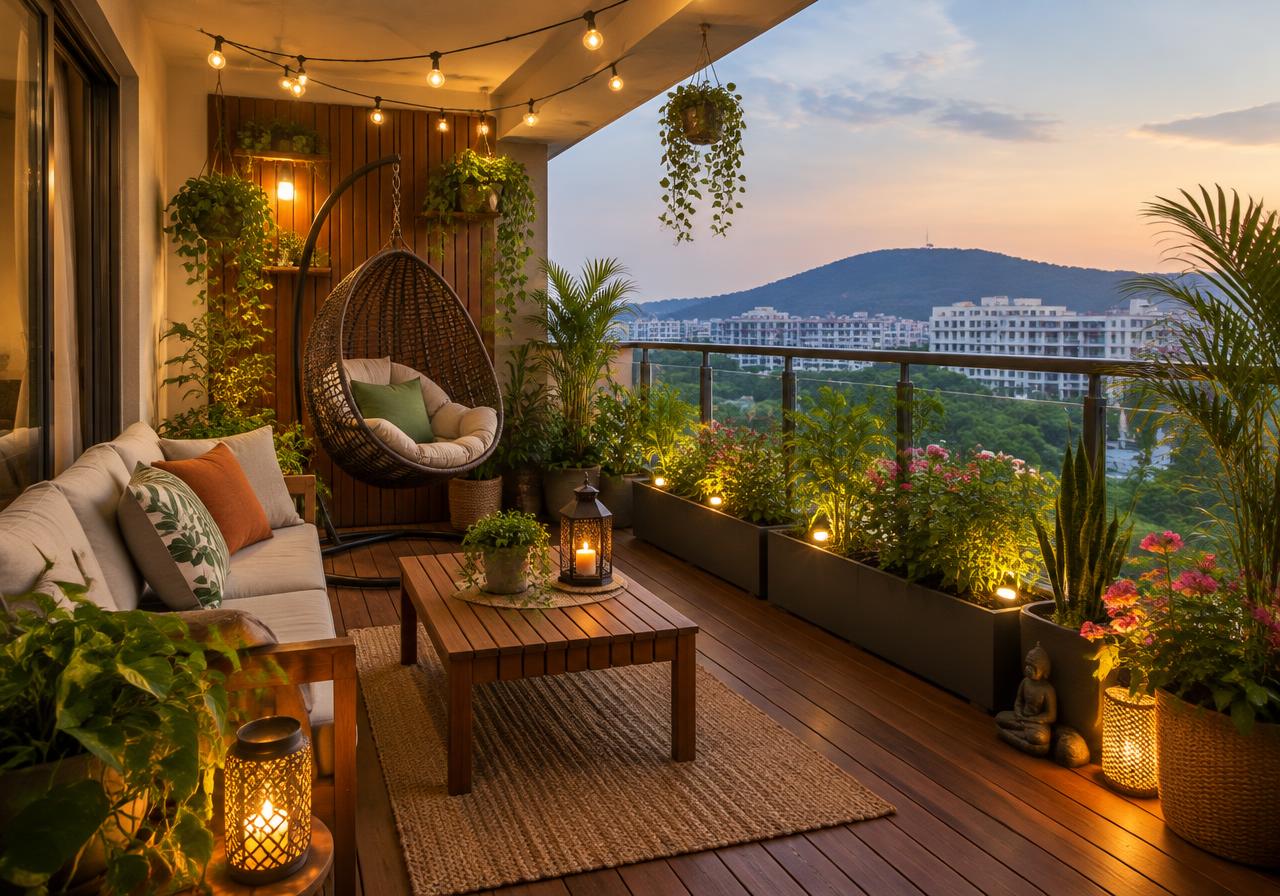 Apartment balcony garden with swing chair and string lights