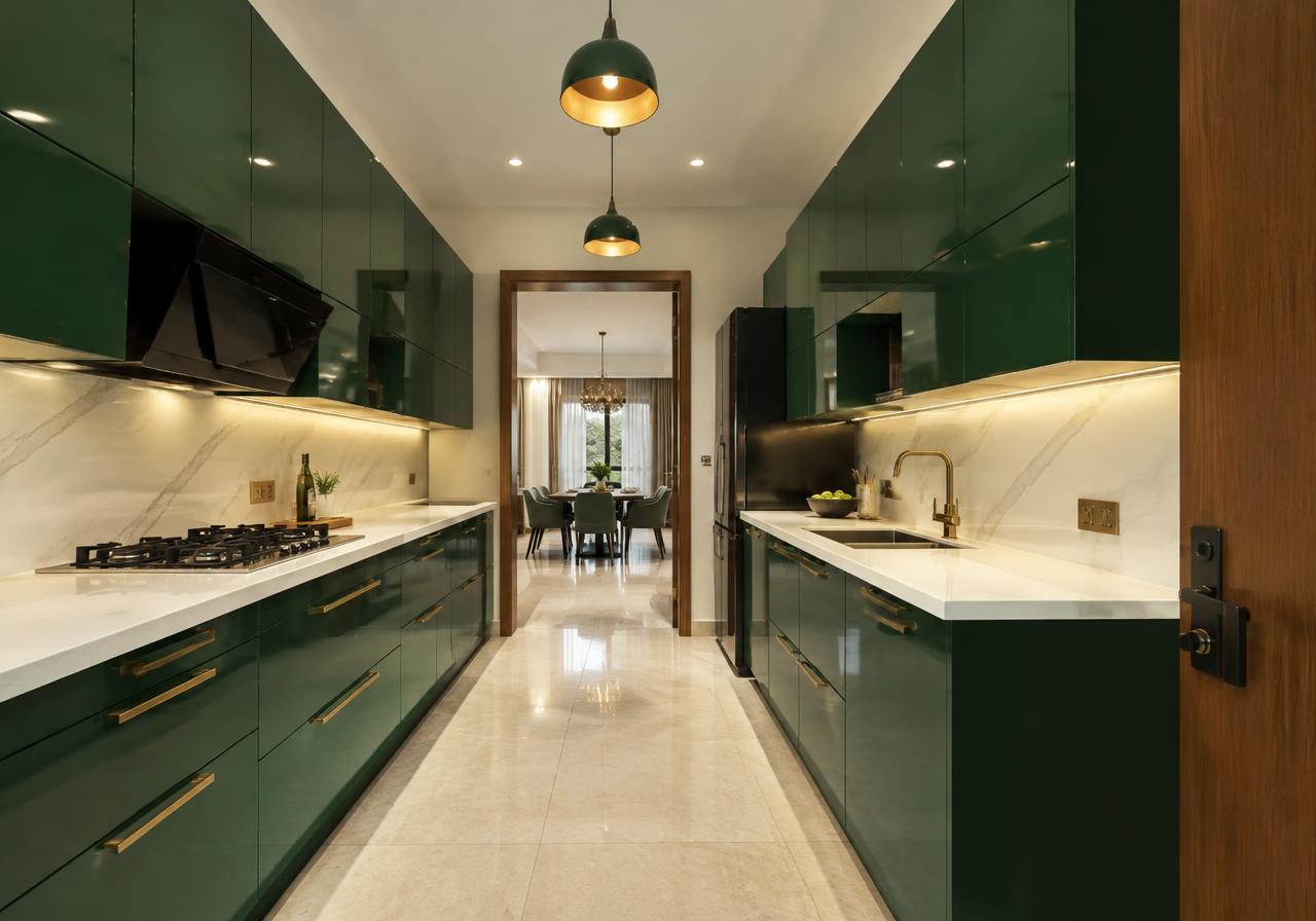 Parallel modular kitchen with green lacquer cabinets and quartz counters