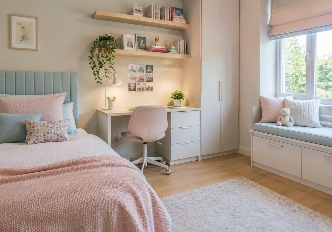 Teen bedroom with study nook, floating shelves and window seat