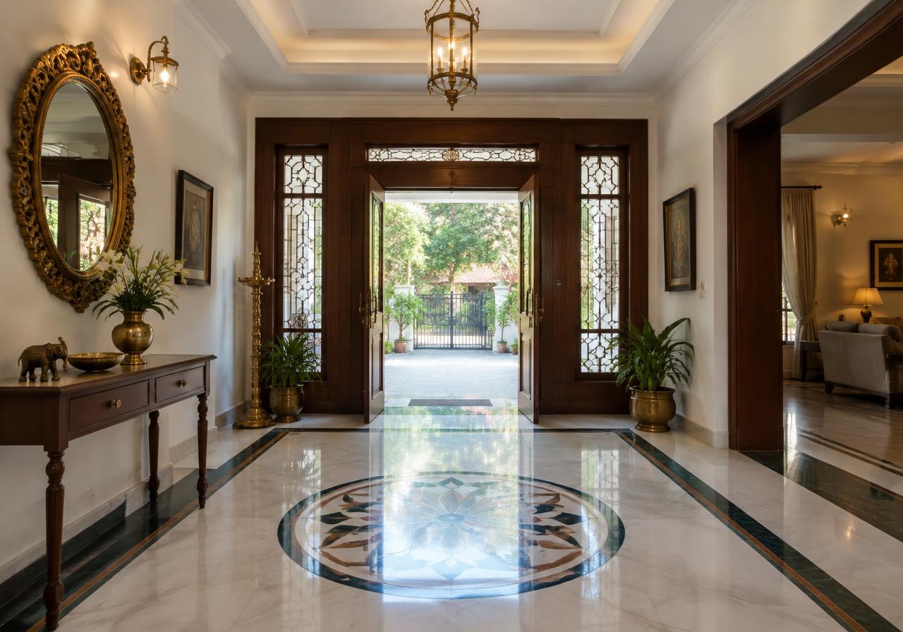 Bungalow foyer with marble inlay floor and brass mirror