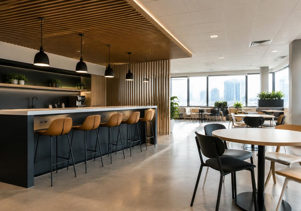 Office cafeteria with breakout bar seating and timber slats