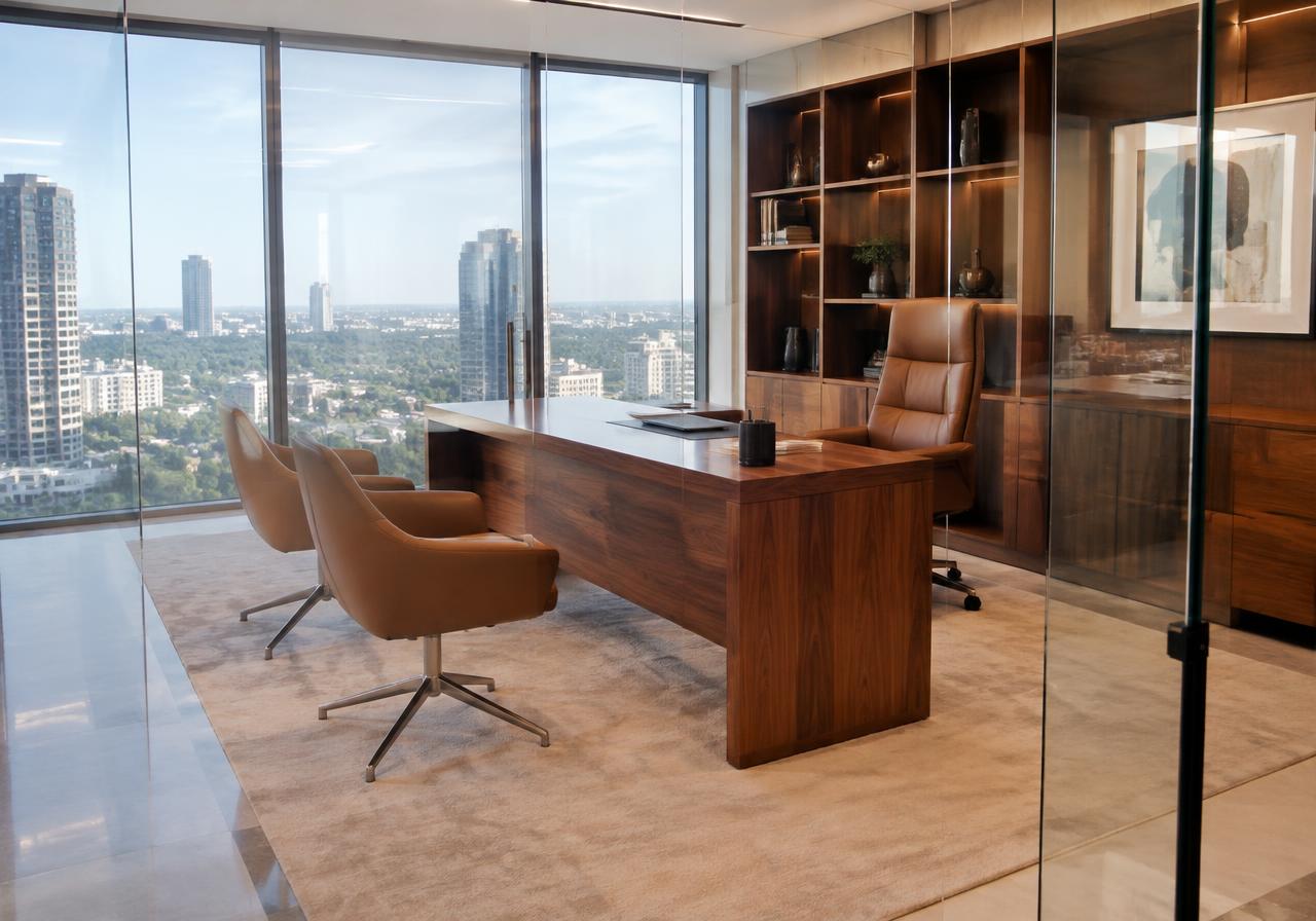 Glass-walled manager cabin with walnut desk