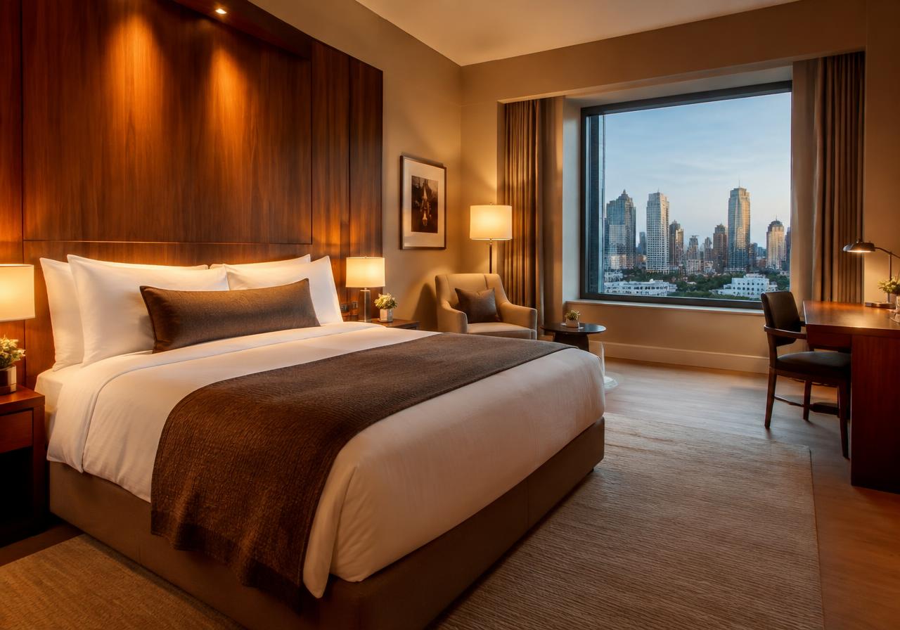 Boutique hotel room with wooden headboard wall and city view