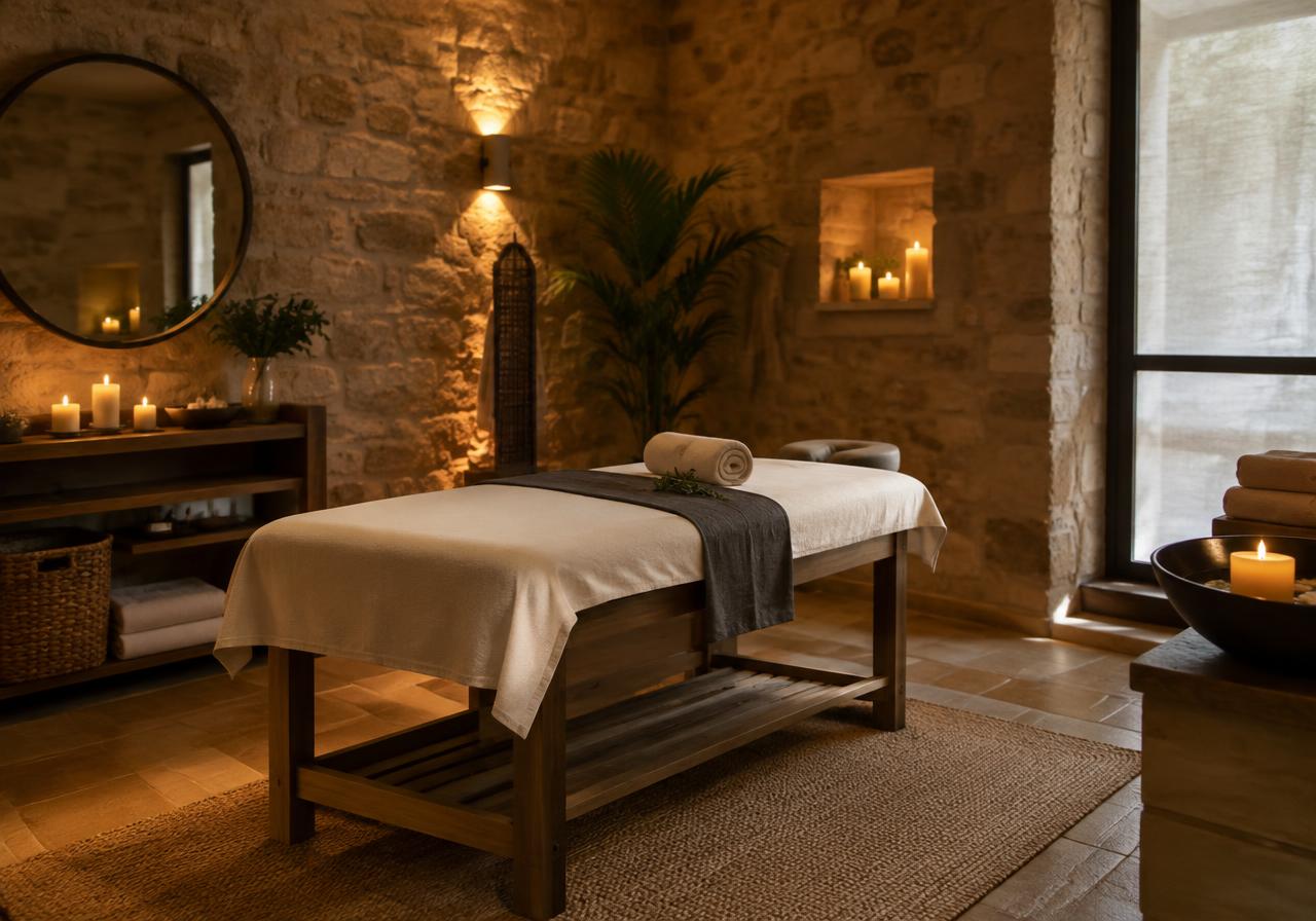 Spa treatment room with stone walls and candles