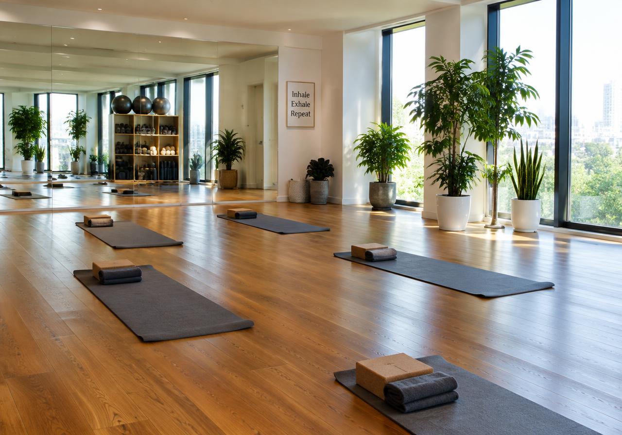 Yoga and fitness studio with wooden floor and plants