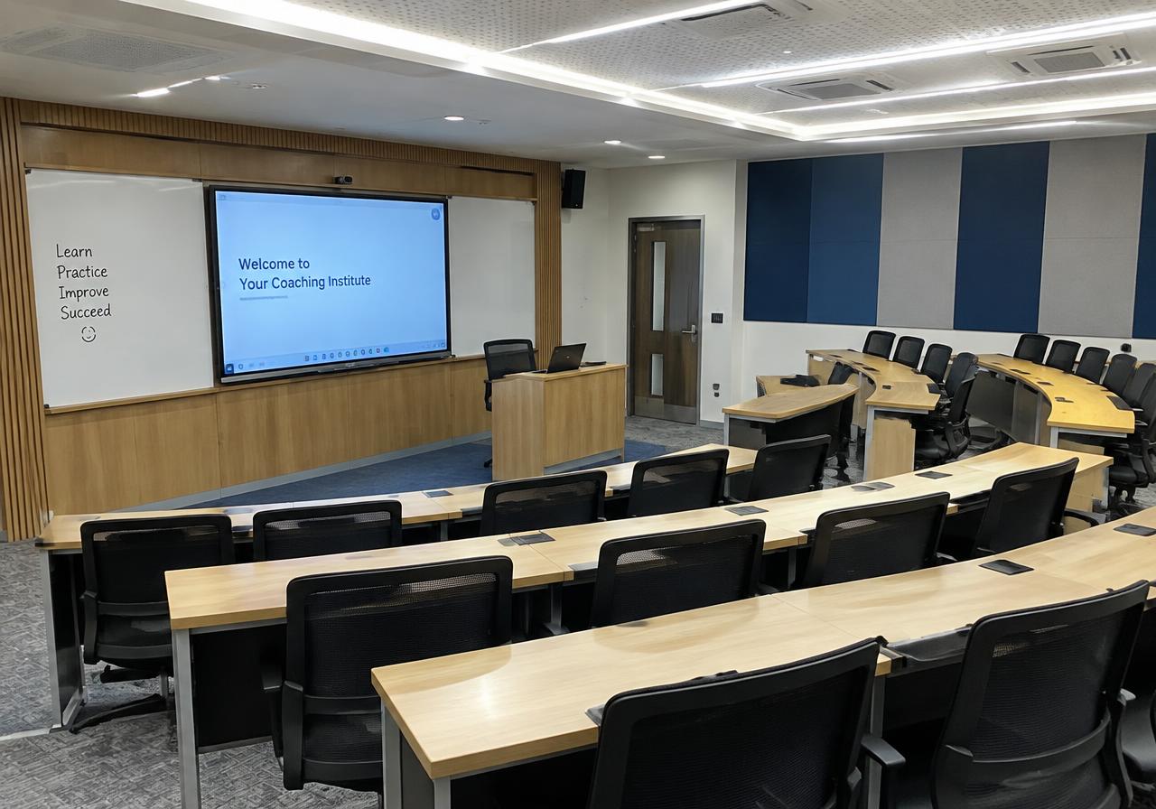 Coaching institute classroom with tiered seating and smart board
