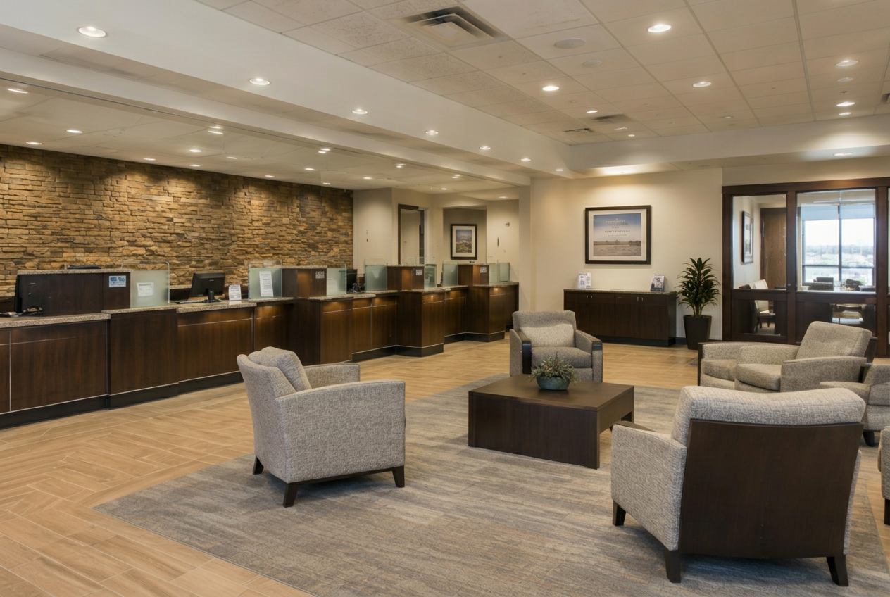 Bank branch interior with teller counters and waiting lounge