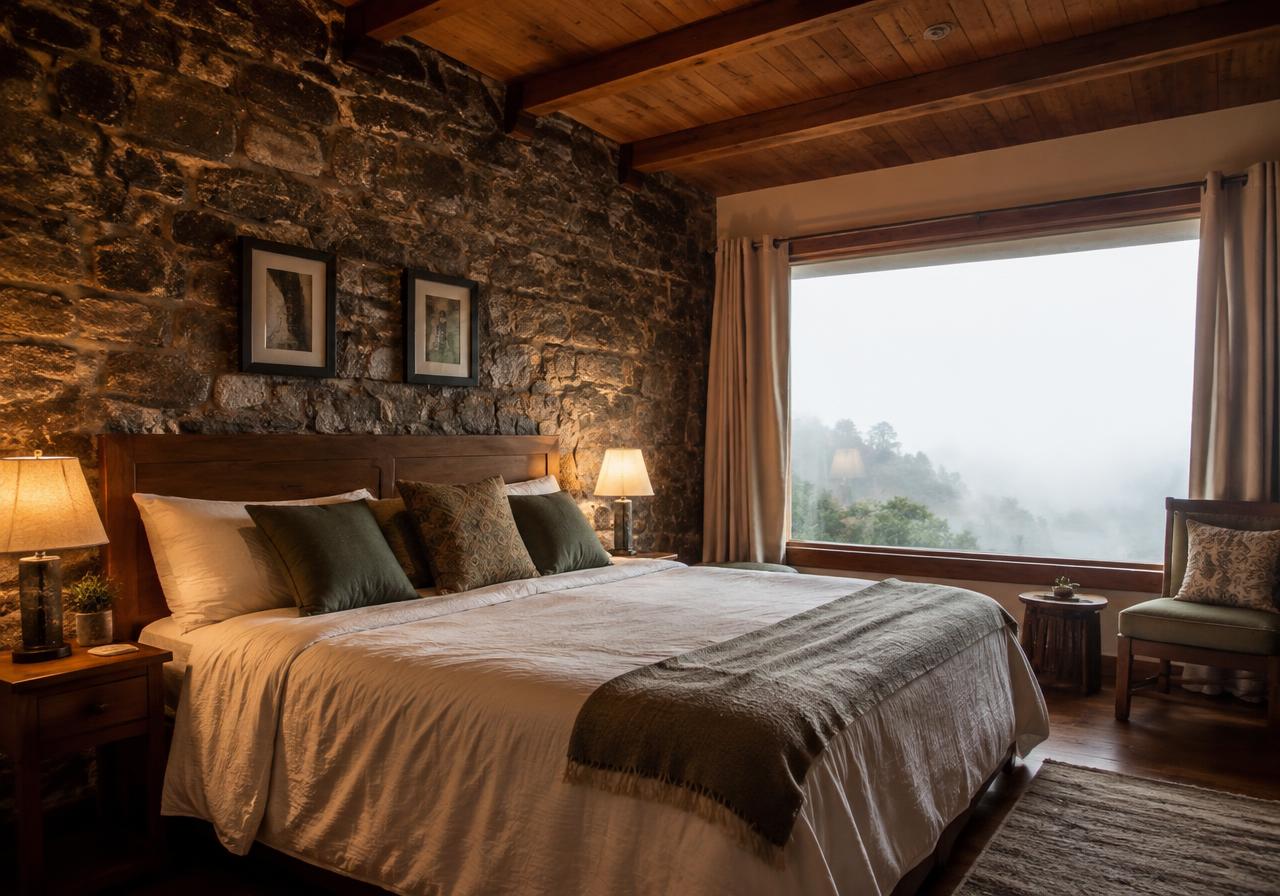 Hill cottage bedroom with stone wall and misty valley view
