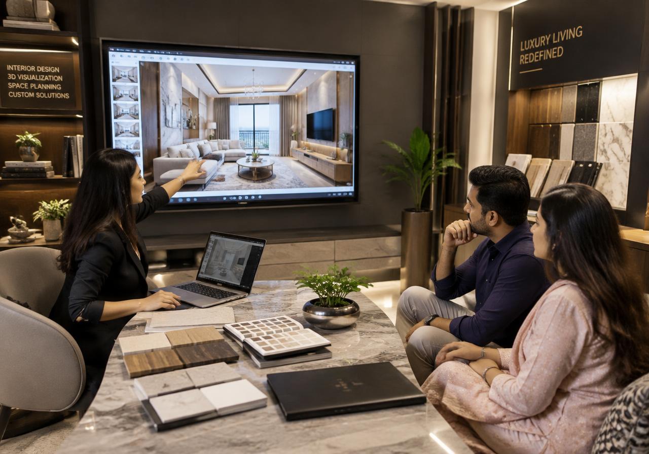 Designer presenting a 3D interior render to a Pune couple
